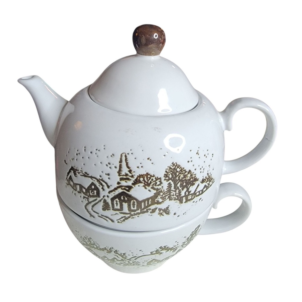 Cracker Barrel Christmas Tea Pot Cup Set Stackable Ceramic Winter Scene Holiday